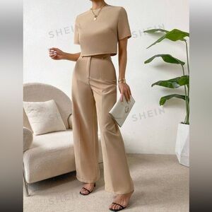 SHEIN Essnce Solid Crop Blouse & Wide Leg Pants